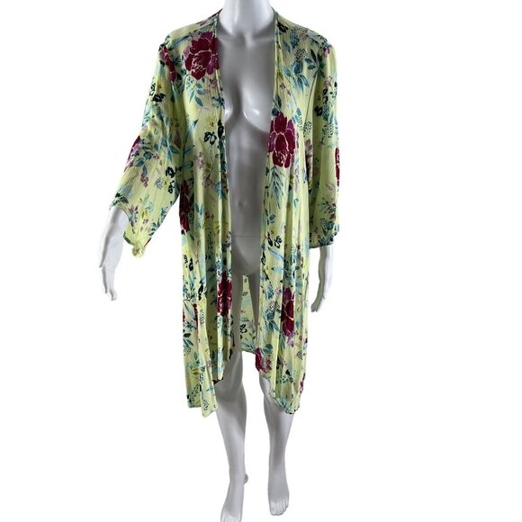 Torrid Womens M-L Floral Kelly Green Kimono Crinkle Gauze Cardigan Bloomcore - Picture 4 of 10